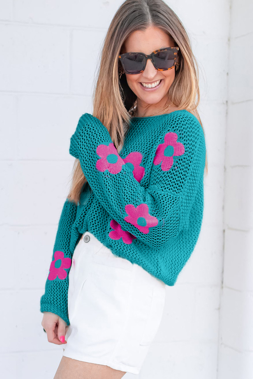 Light Pink Big Flower Hollowed Knit Drop Shoulder Sweater - loveforevers