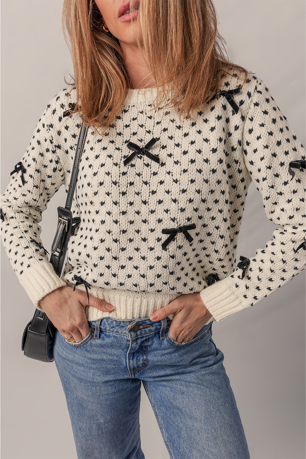 Beige Bow Decor Color Contrast Ribbed Edge Crew Neck Sweater - loveforevers