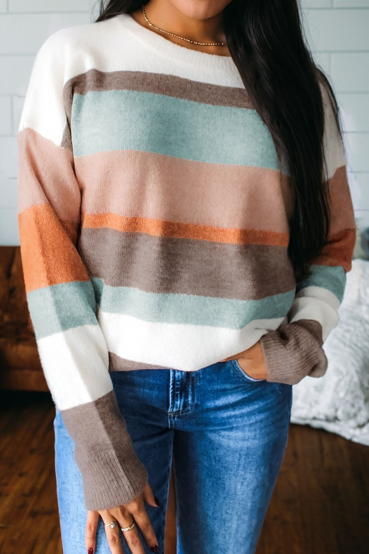 White Striped Color Block Knit Drop Shoulder Sweater - loveforevers