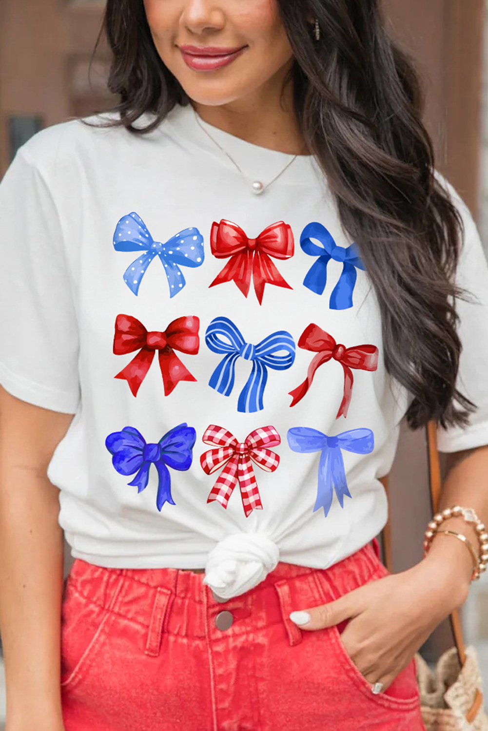 White USA Inspire Bow Print Crewneck Independence Day Tee - loveforevers