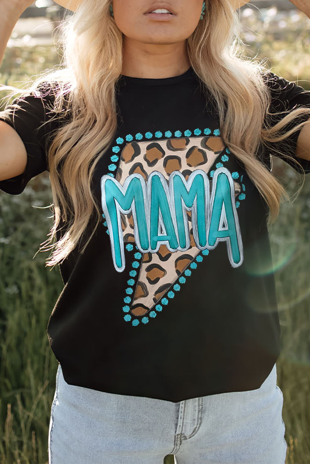 Black Western MAMA Leopard Lightning Graphic Tee - loveforevers