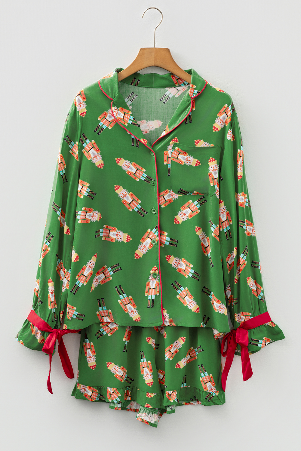 Green Christmas Candy Contrast Trim Bow Knot Silky 2pcs Pajama Set - loveforevers