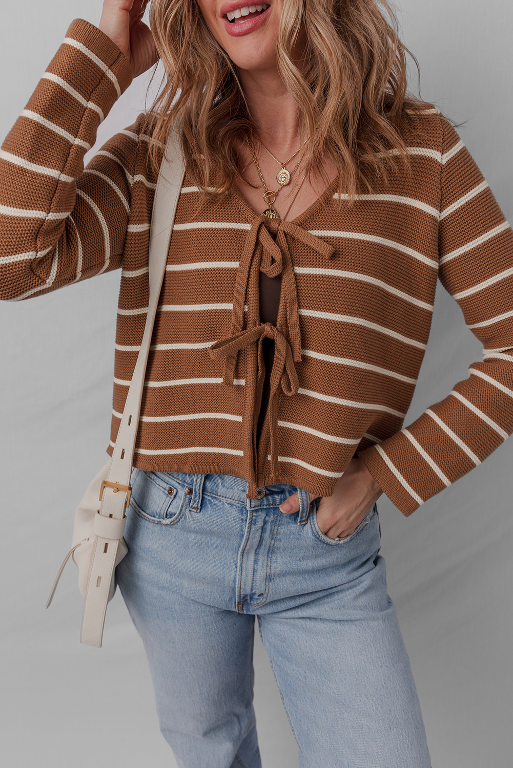 Chestnut Tie Front Striped Knit V Neck Cardigan Sweater - loveforevers