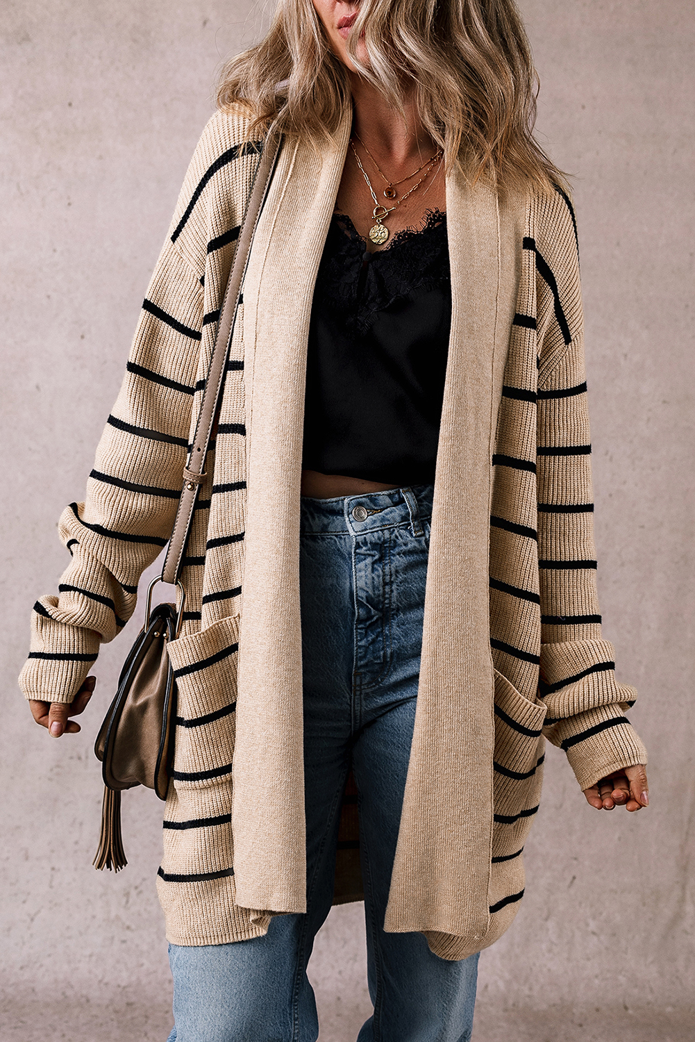 Black Stripe Shawl Neckline Open Cardigan with Pockets - loveforevers