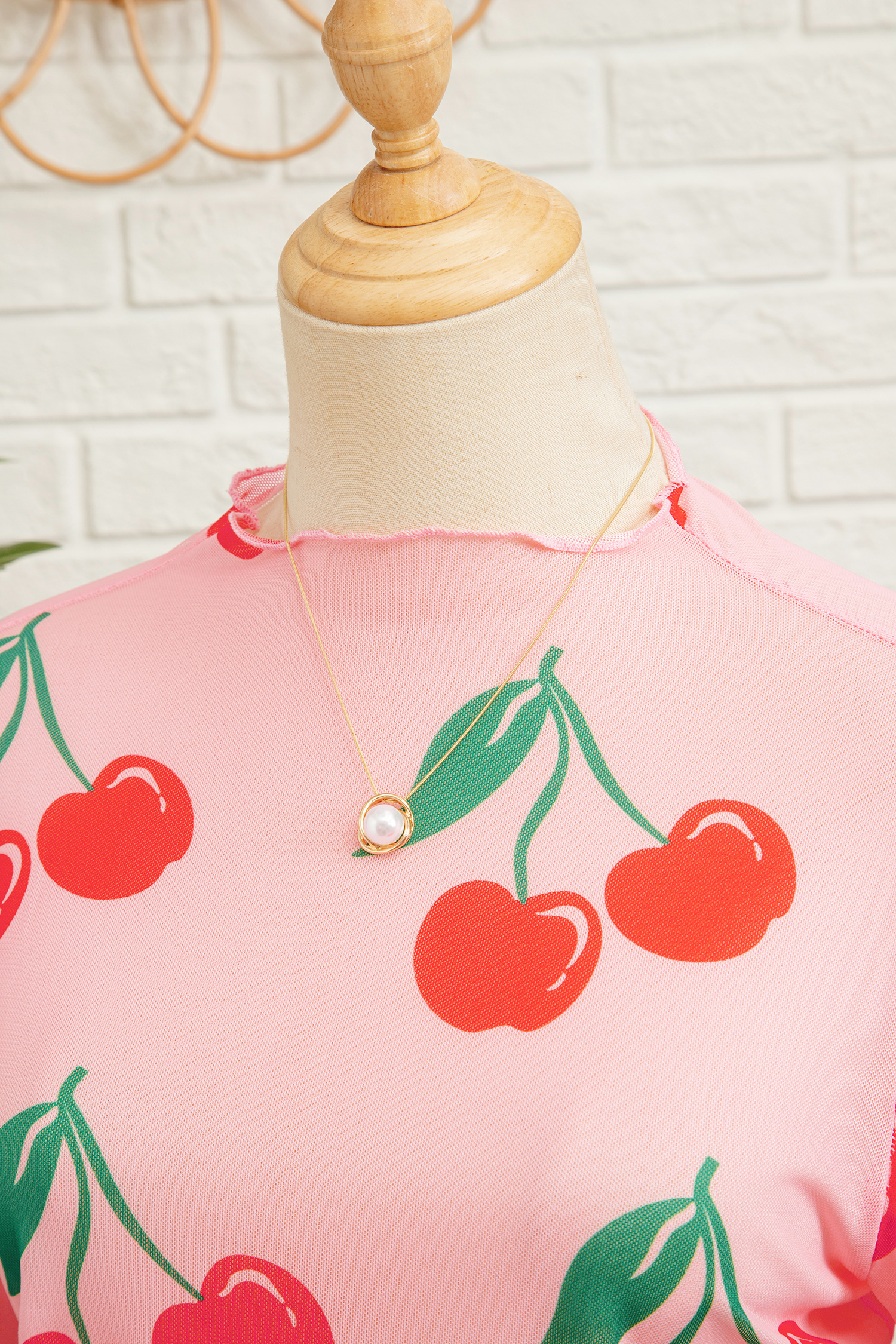Pink Cherry Print Lettuce Trim Long Sleeve Mesh Top - loveforevers
