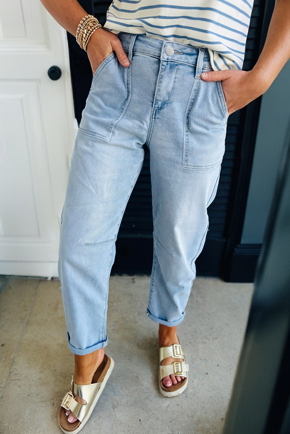 Beau Blue High Rise Barrel Relaxed Patch Pocket Jeans - loveforevers
