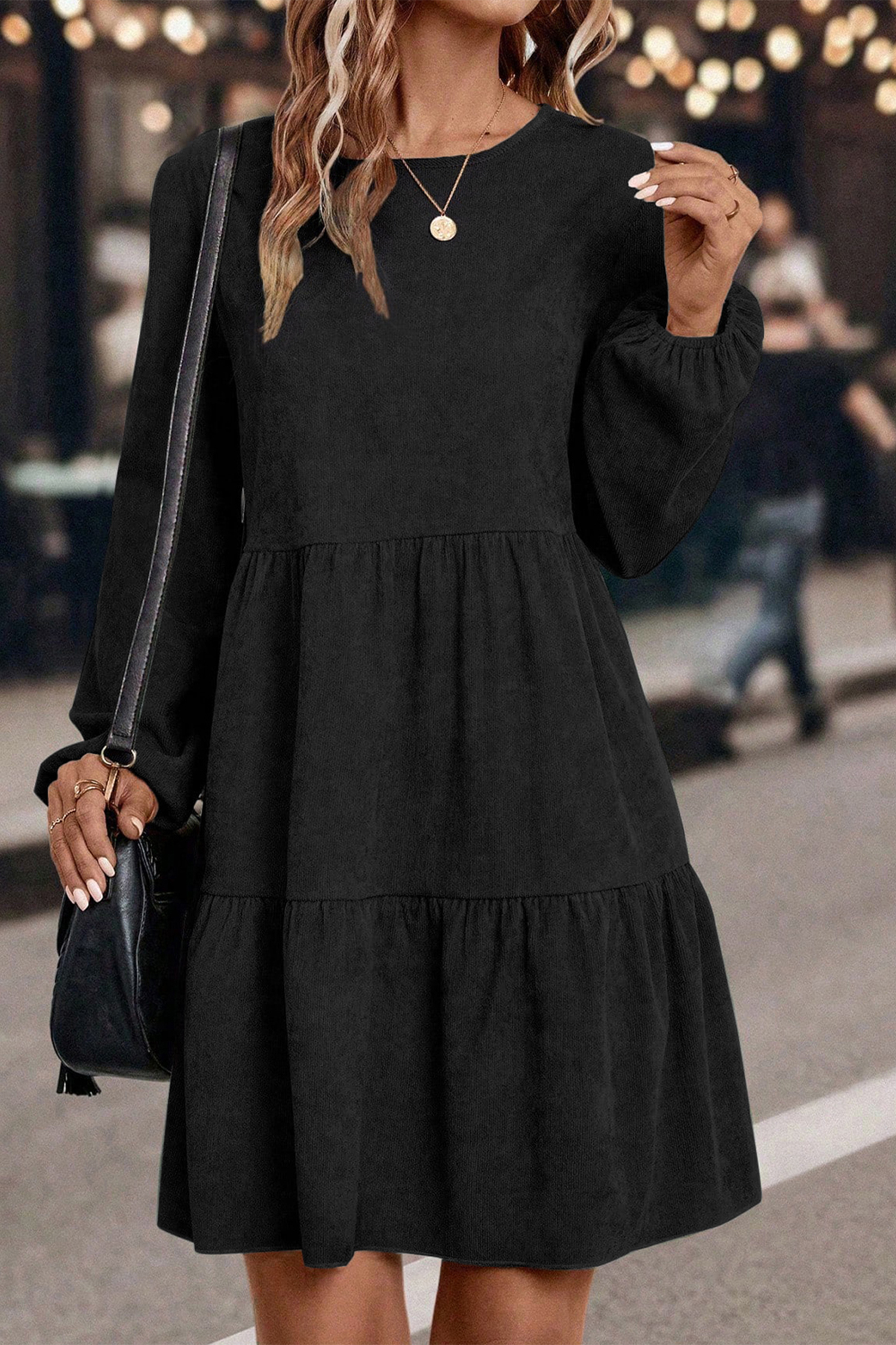 Black Lantern Sleeve Tiered Mini Dress - loveforevers
