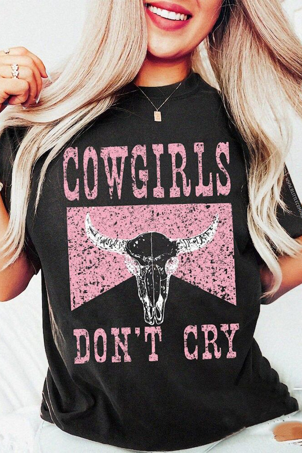 Black COWGIRL DONT CRY Steer Head Print Short Sleeve Top - loveforevers