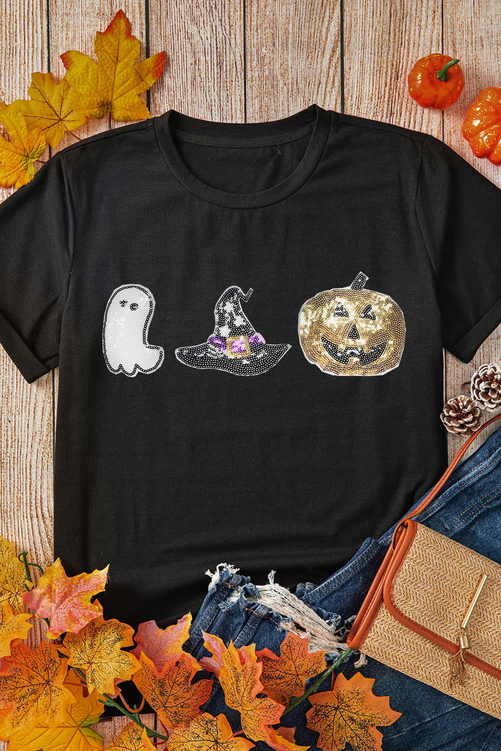 Black Halloween Sequin Pattern Patched Crewneck Tee - loveforevers