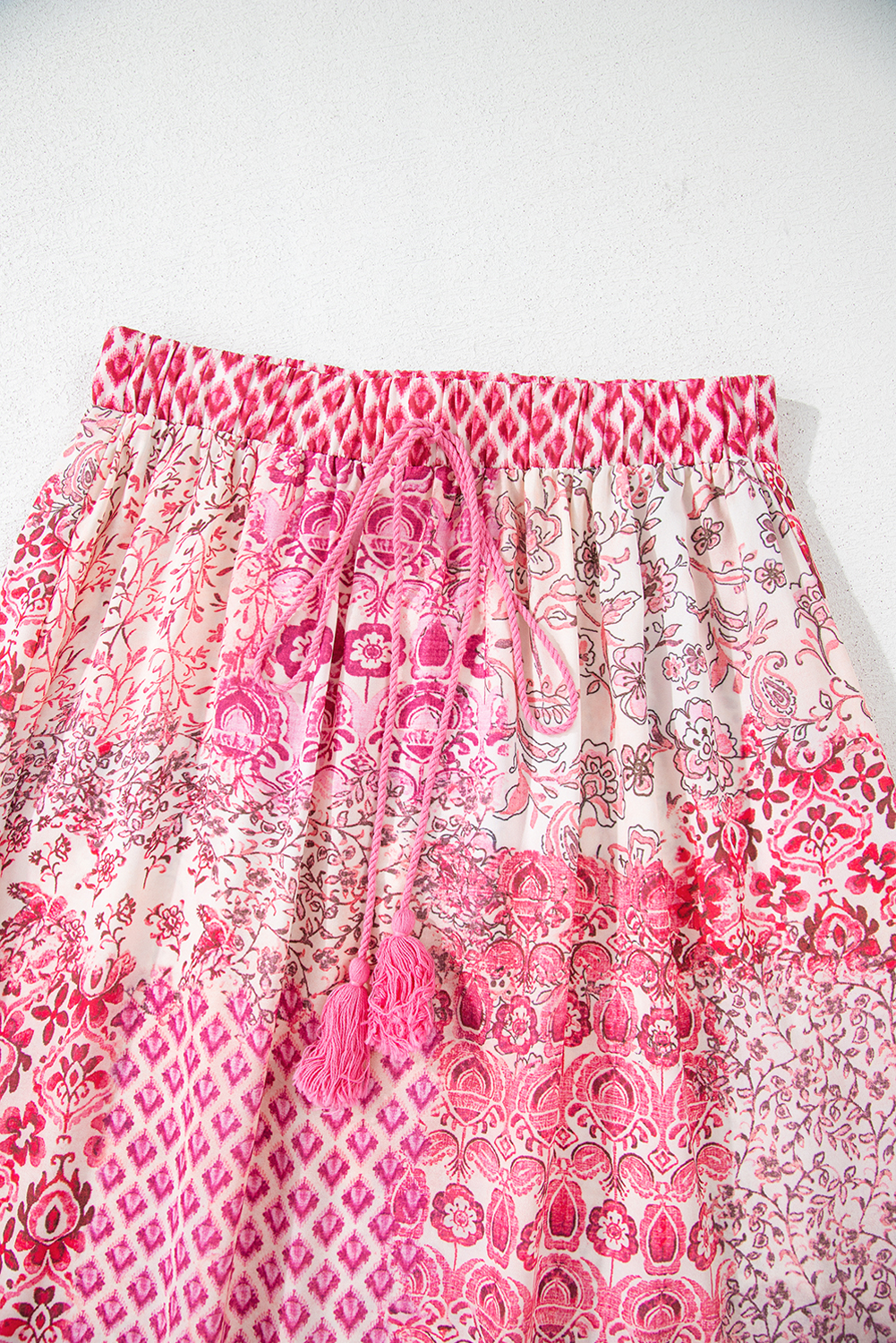 Red Boho Pattern Print Tassel Drawstring Elastic Waistband Maxi Skirt - loveforevers