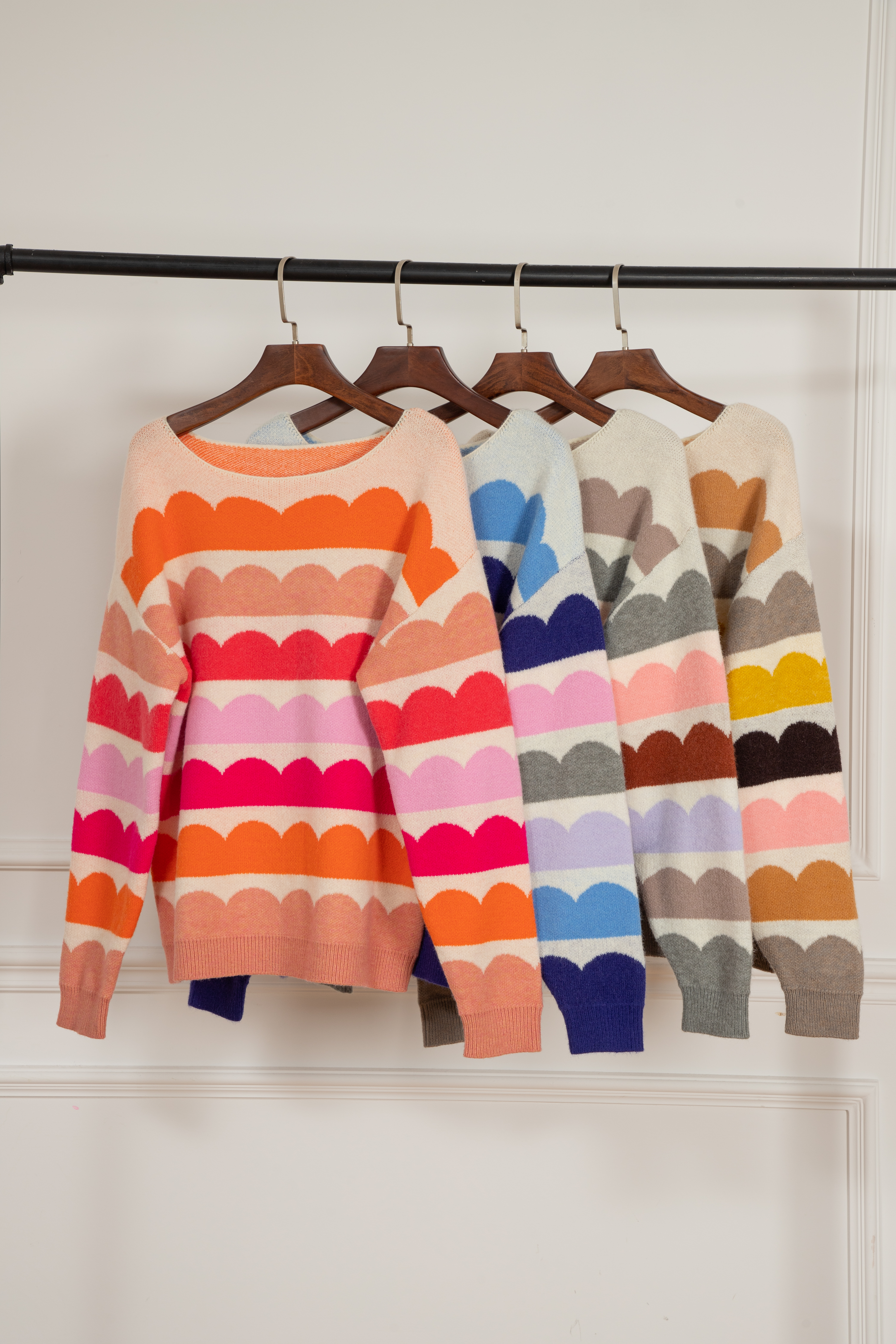 Rose Red Wave Striped Balloon Sleeve Drop Shoulder Sweater - loveforevers