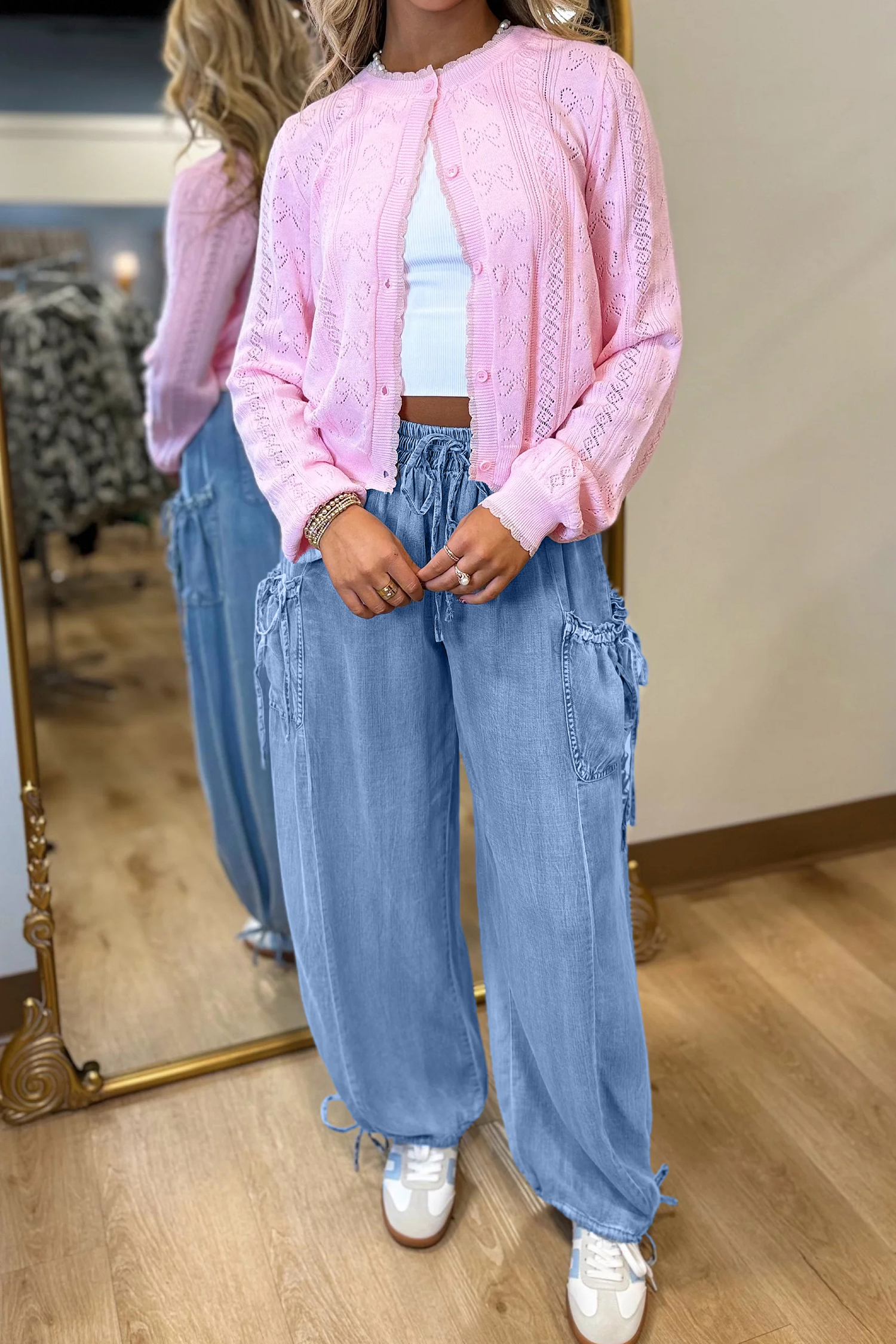 Beau Blue Drawstring Elastic Waist Pocketed Loose Denim Pants - loveforevers