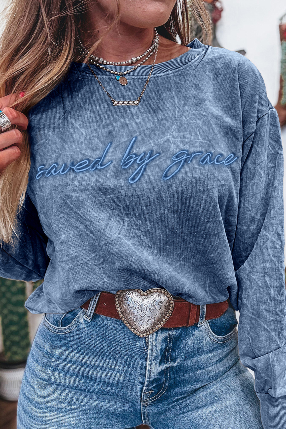 DUNE saved by grace Letter Embroidery Mineral Wash Loose Sweatshirt - loveforevers