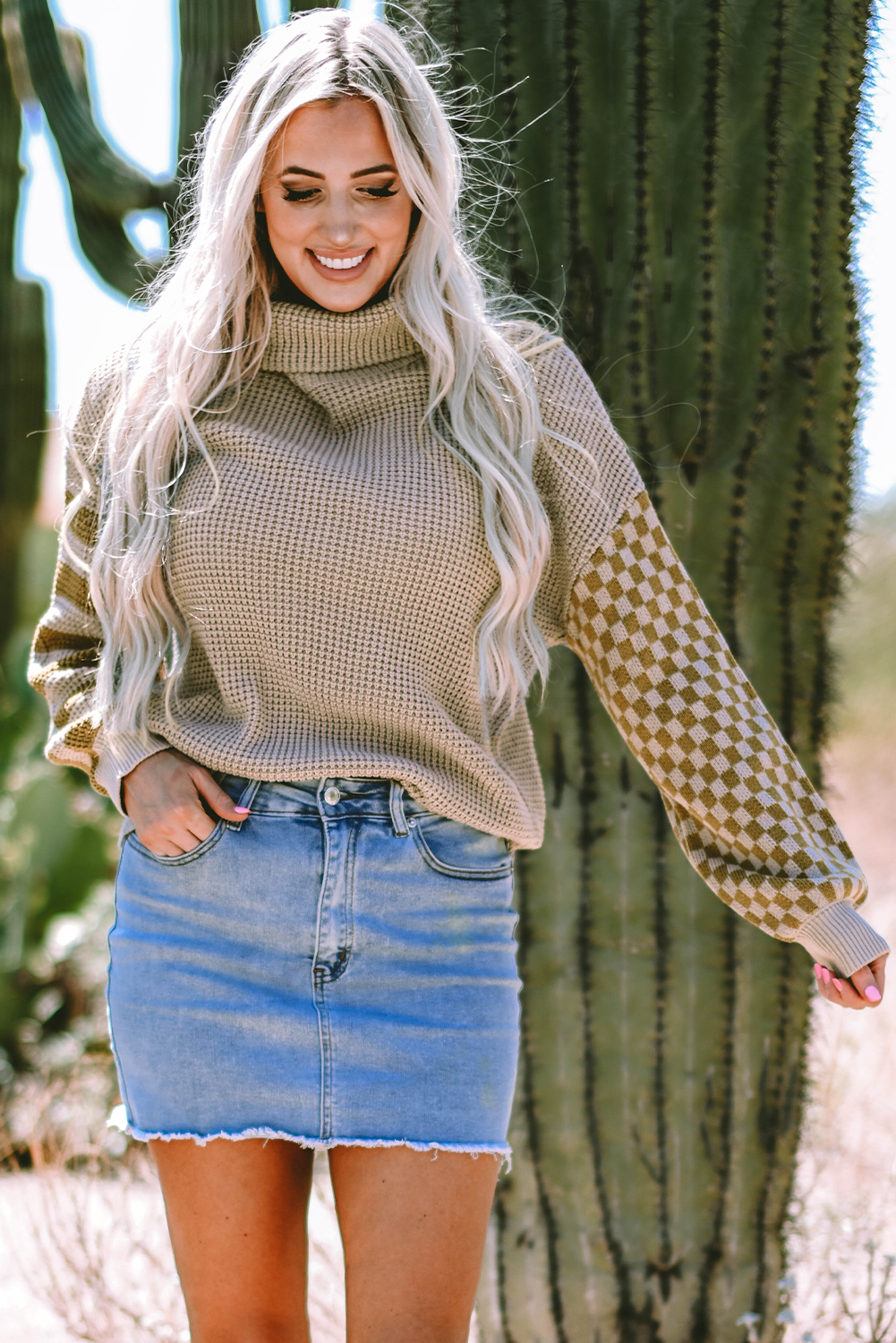 Smoke Gray Striped Plaid Patchwork Waffle Knit Turtleneck Sweater - loveforevers