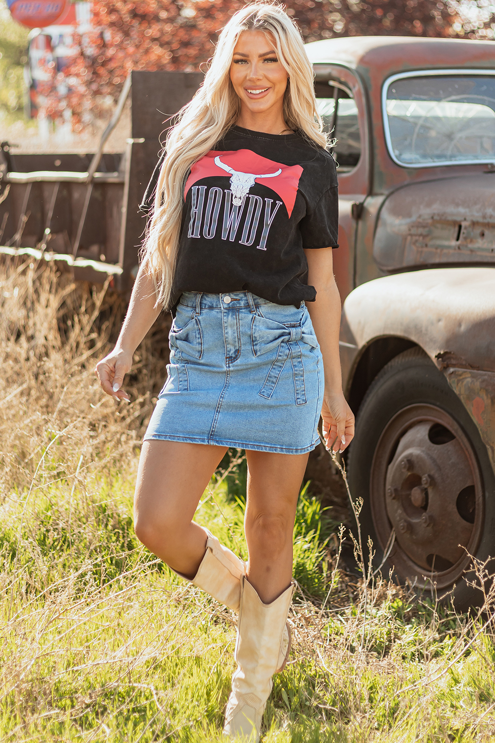 Dusk Blue Acid Wash Bowknot Details High Waist Denim Skirt - loveforevers