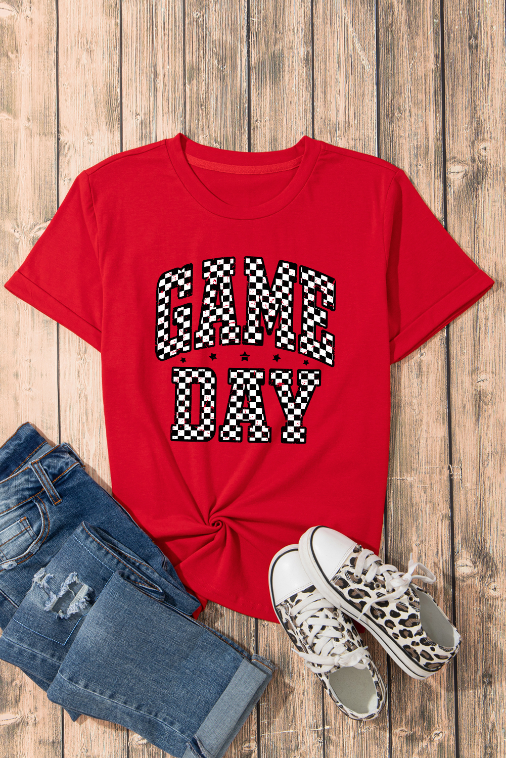 Red Checkered Game Day Graphic T Shirt - loveforevers