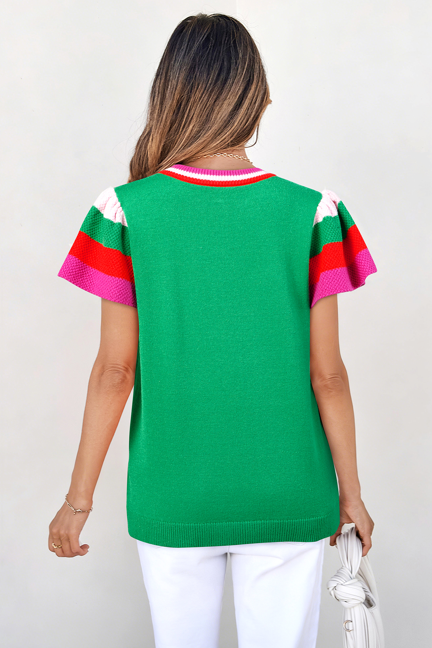 Bright Green Shiny Lucky Striped Flutter Sleeve Round Neck Sweater - loveforevers