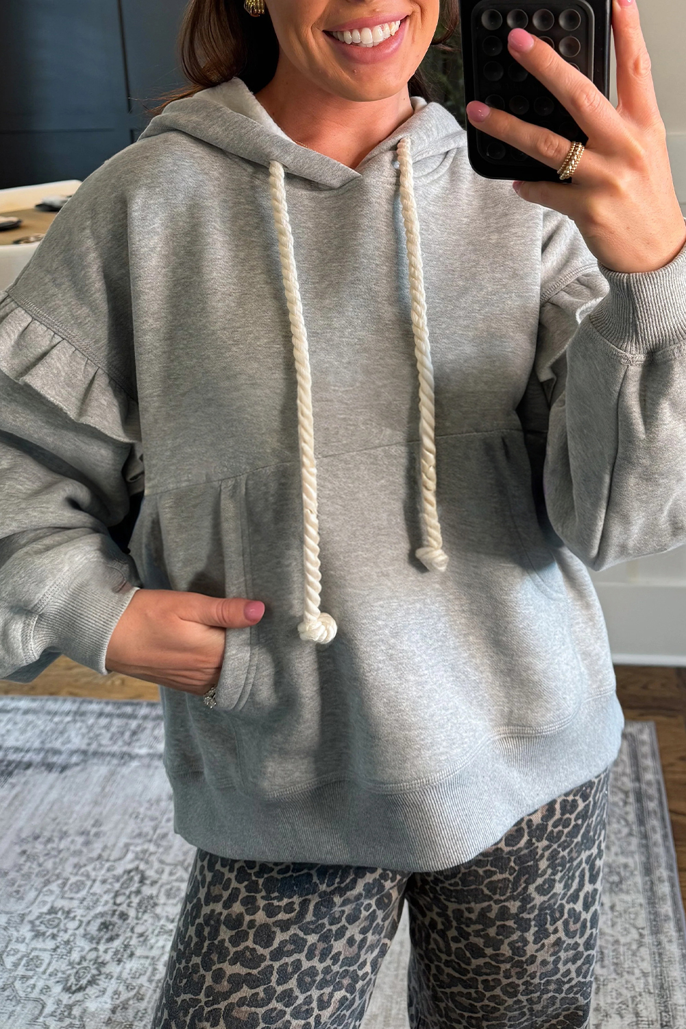 Gray Contrast Rope Drawstring Ruffle Trim Drop Shoulder Baggy Hoodie - loveforevers