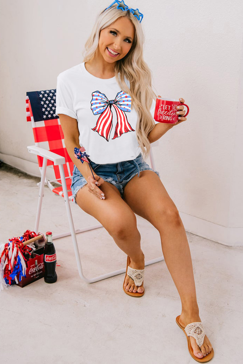 Khaki American Flag Bow Knot Print Round Neck T Shirt - loveforevers