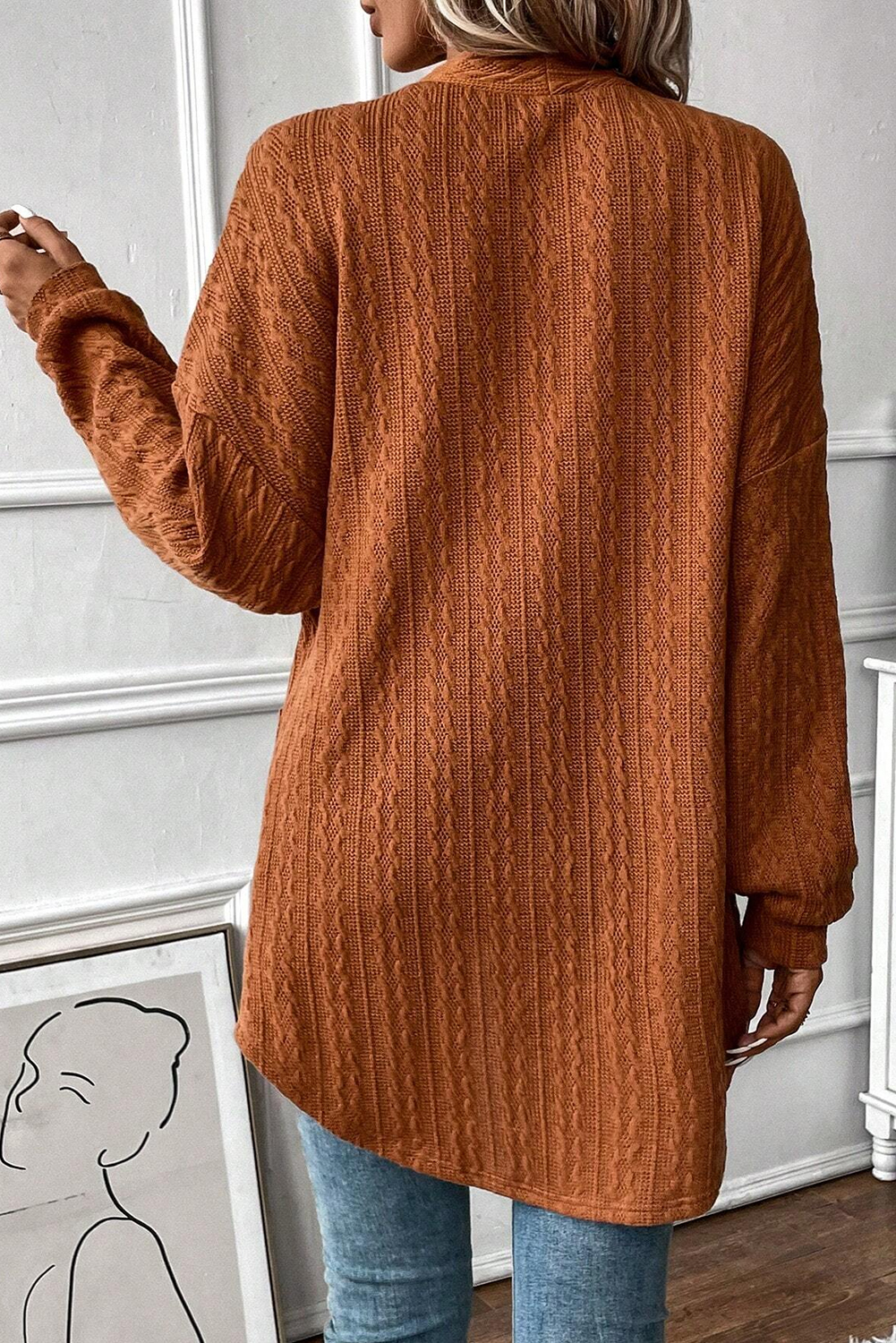 Chestnut Textured Knit Side Pockets Open Front Cardigan - loveforevers