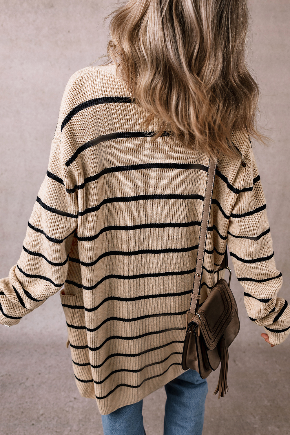 Black Stripe Shawl Neckline Open Cardigan with Pockets - loveforevers