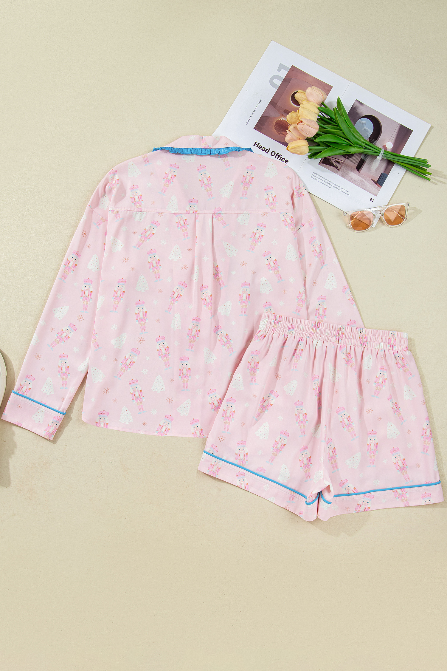 Pink Bow Tie Front Christmas Nutcracker Long Sleeve Shirt Shorts Pajama Set - loveforevers