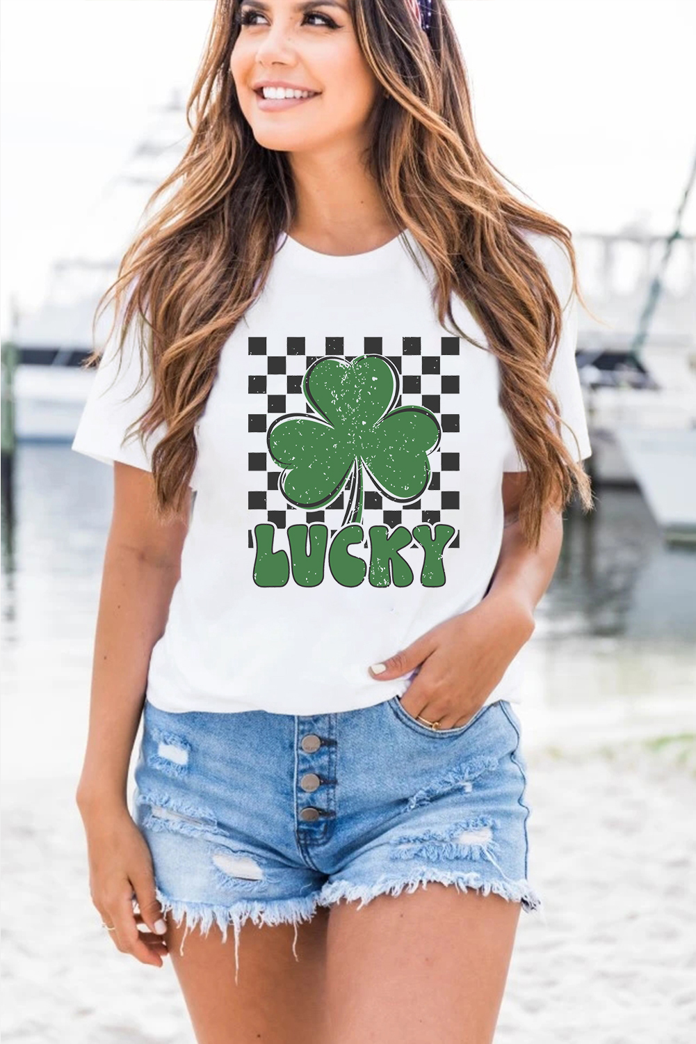White Checker LUCKY Clover Printed St Patricks T Shirt - loveforevers