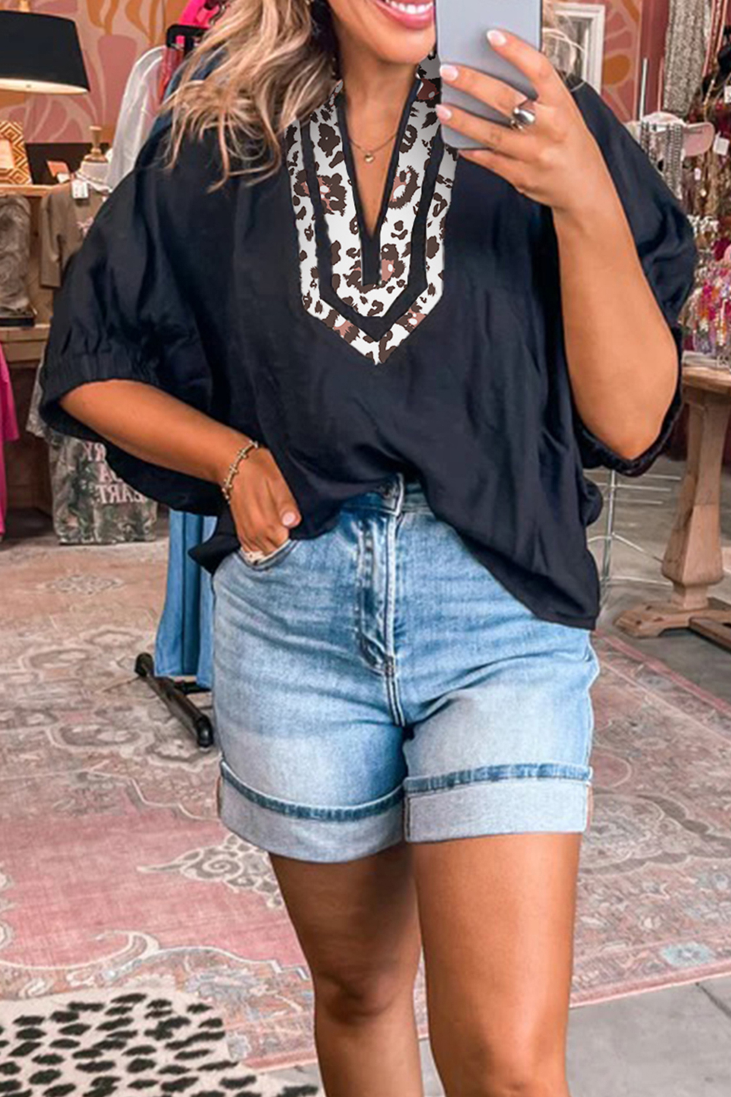 Black Dolman Half Sleeve Leopard Patchwork Trim V Neck Blouse - loveforevers