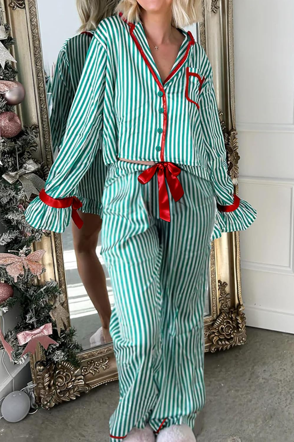 Red Stripe Contrast Velvet Trim Bow Knot Waist 2pcs Pajama Set - loveforevers