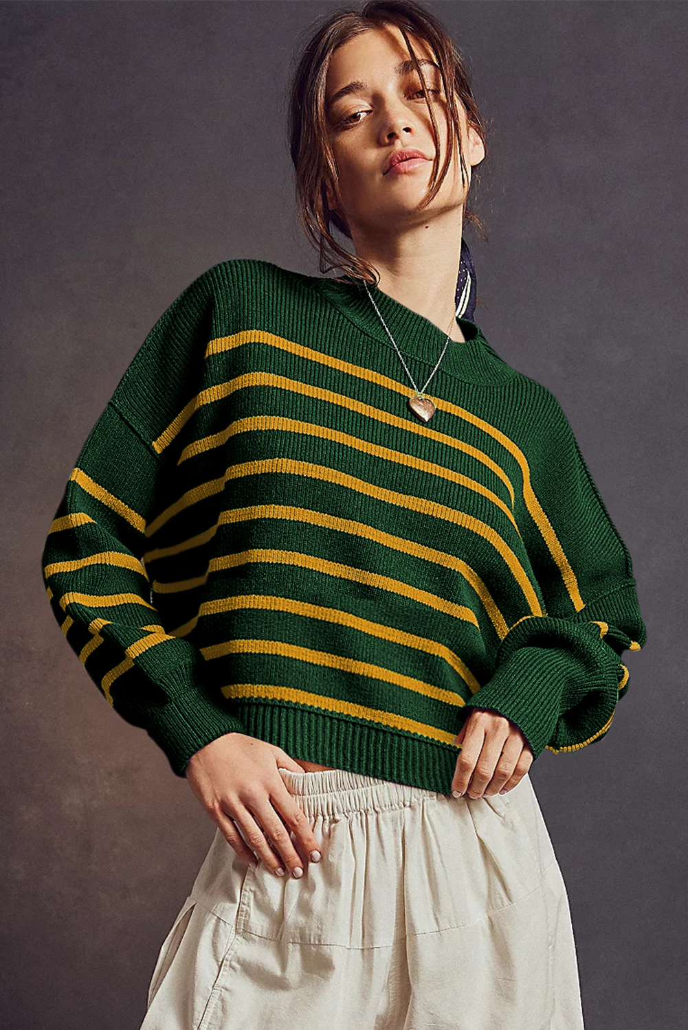 Green Stripe Ribbed Drop Shoulder Baggy Sweater - loveforevers