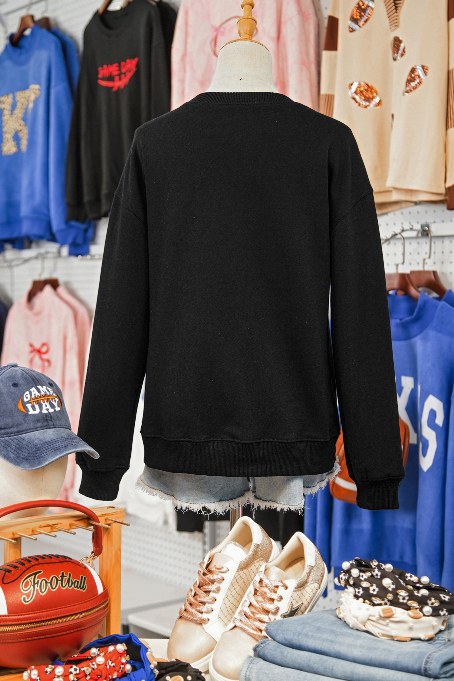 Black GAME DAY Embroidered Graphic Casual Pullover Sweatshirt - loveforevers