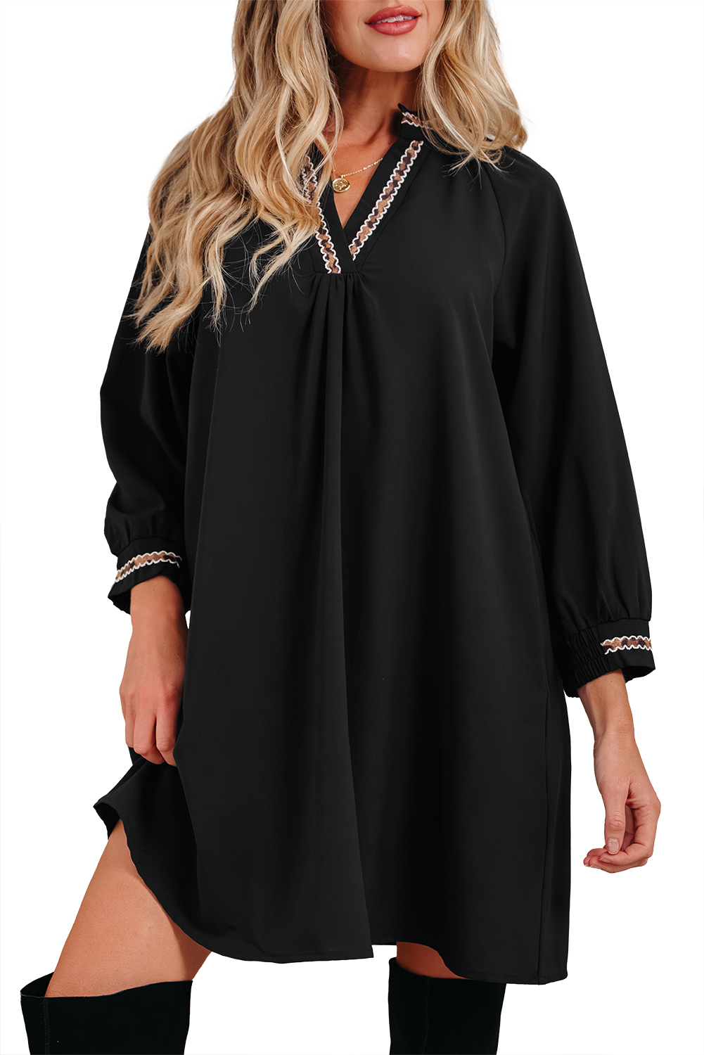 Black Contrast Trim V Neck Bracelet Sleeve Shift Mini Dress - loveforevers