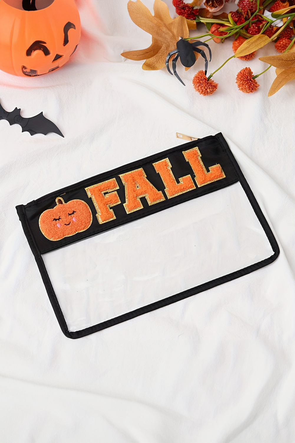 Orange FALL Pumpkin Chenille Detail Clear Zip Pouch - loveforevers