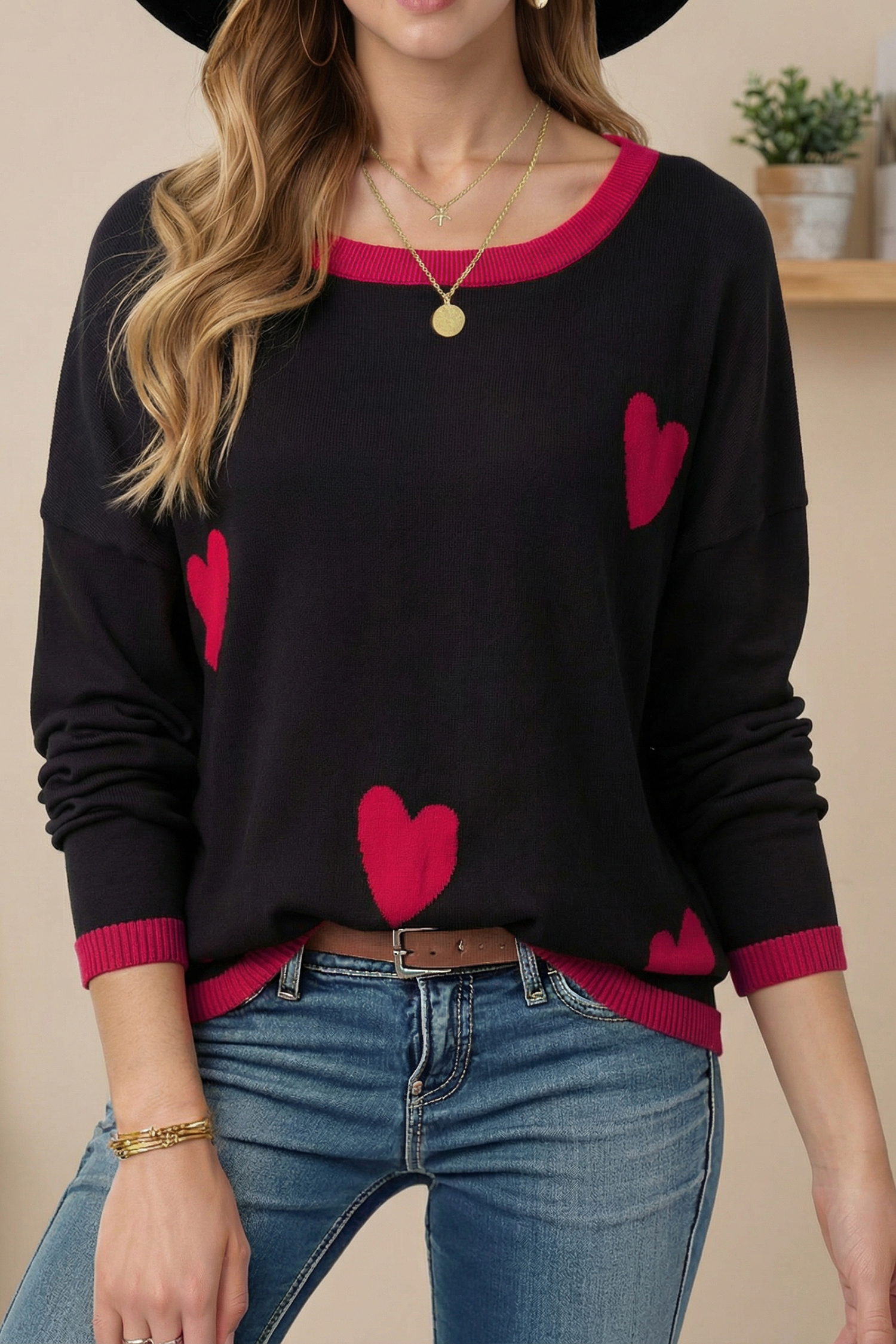 Black white Heart Print Contrast Trim Drop Shoulder Sweater - loveforevers