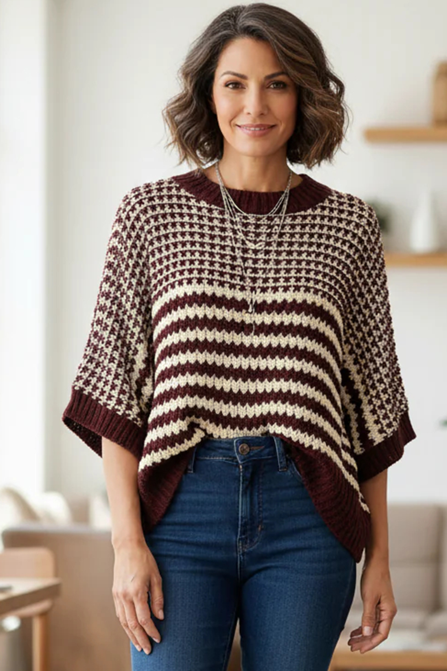 Black Stripe 3/4 Draped Sleeve Slouchy Sweater - loveforevers