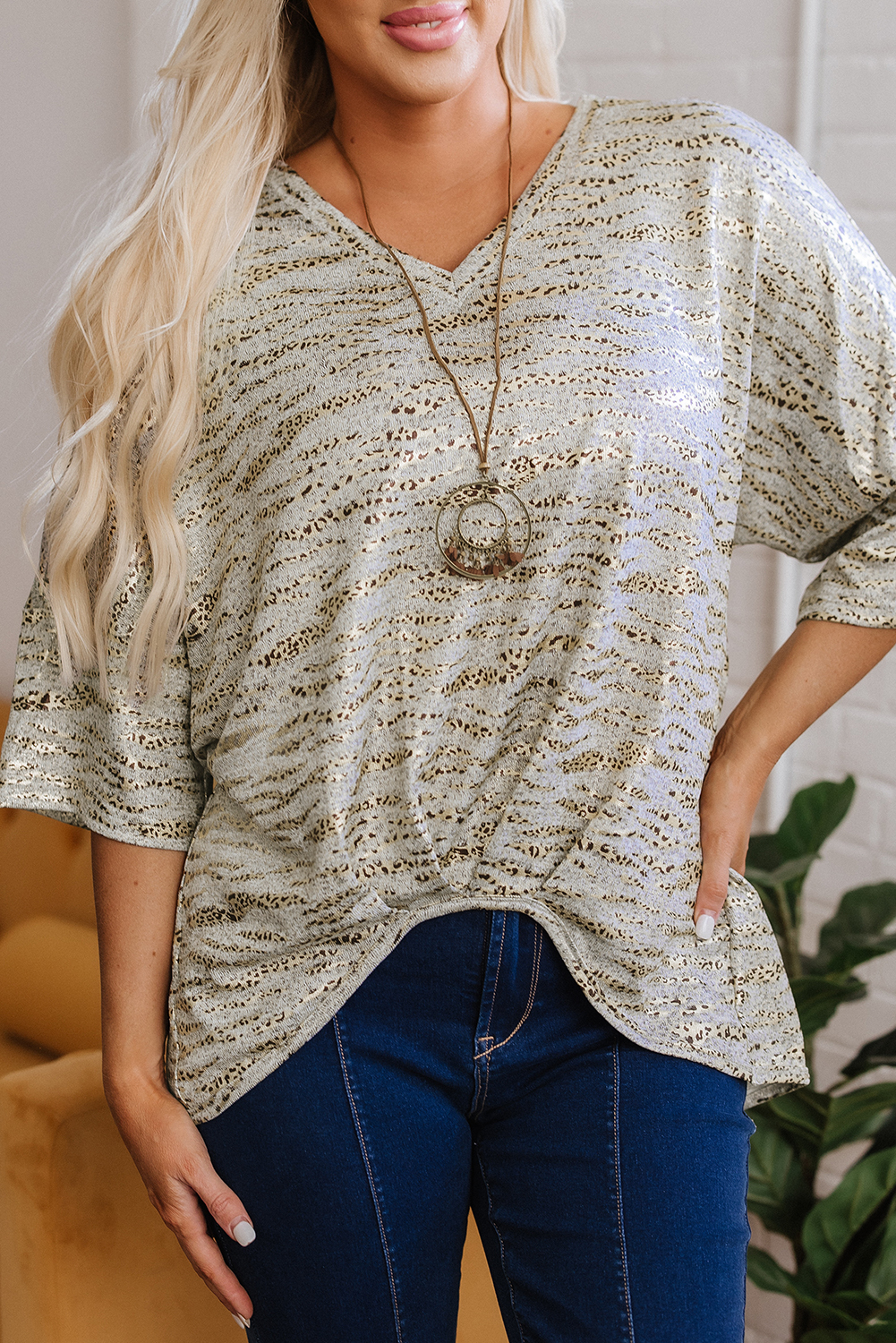 Gray Leopard Print Half Sleeve V Neck Loose Fit T Shirt - loveforevers