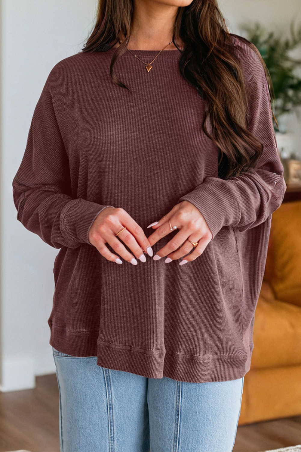 Dark Brown Waffle Knit Patchwork Long Sleeve Loose Top - loveforevers
