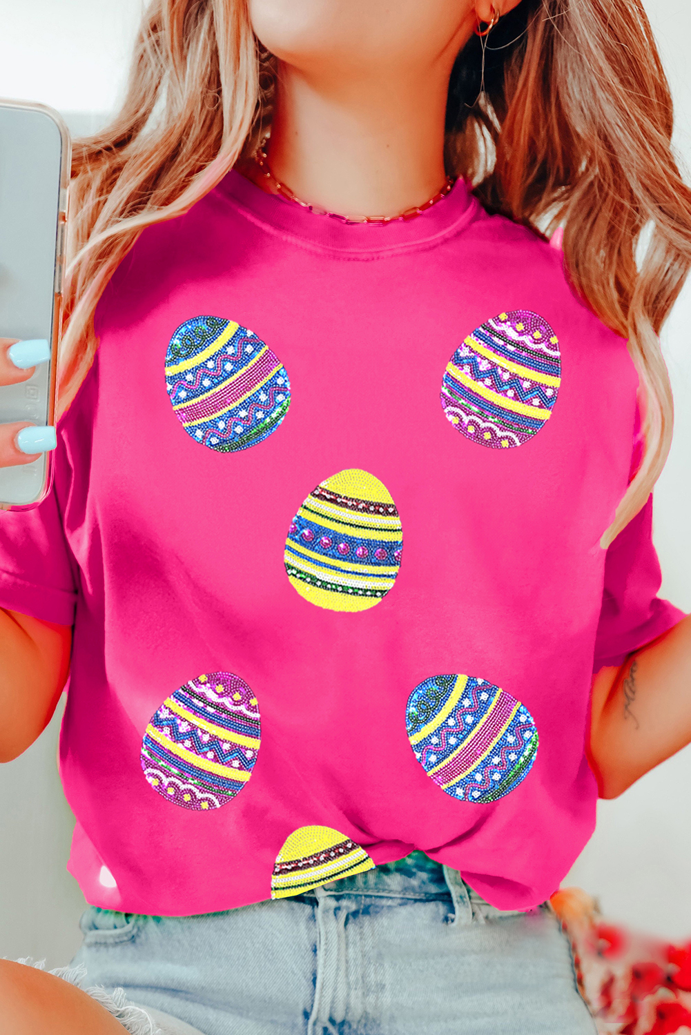 Rose Red Sequin Easter Egg Graphic Casual T Shirt - loveforevers