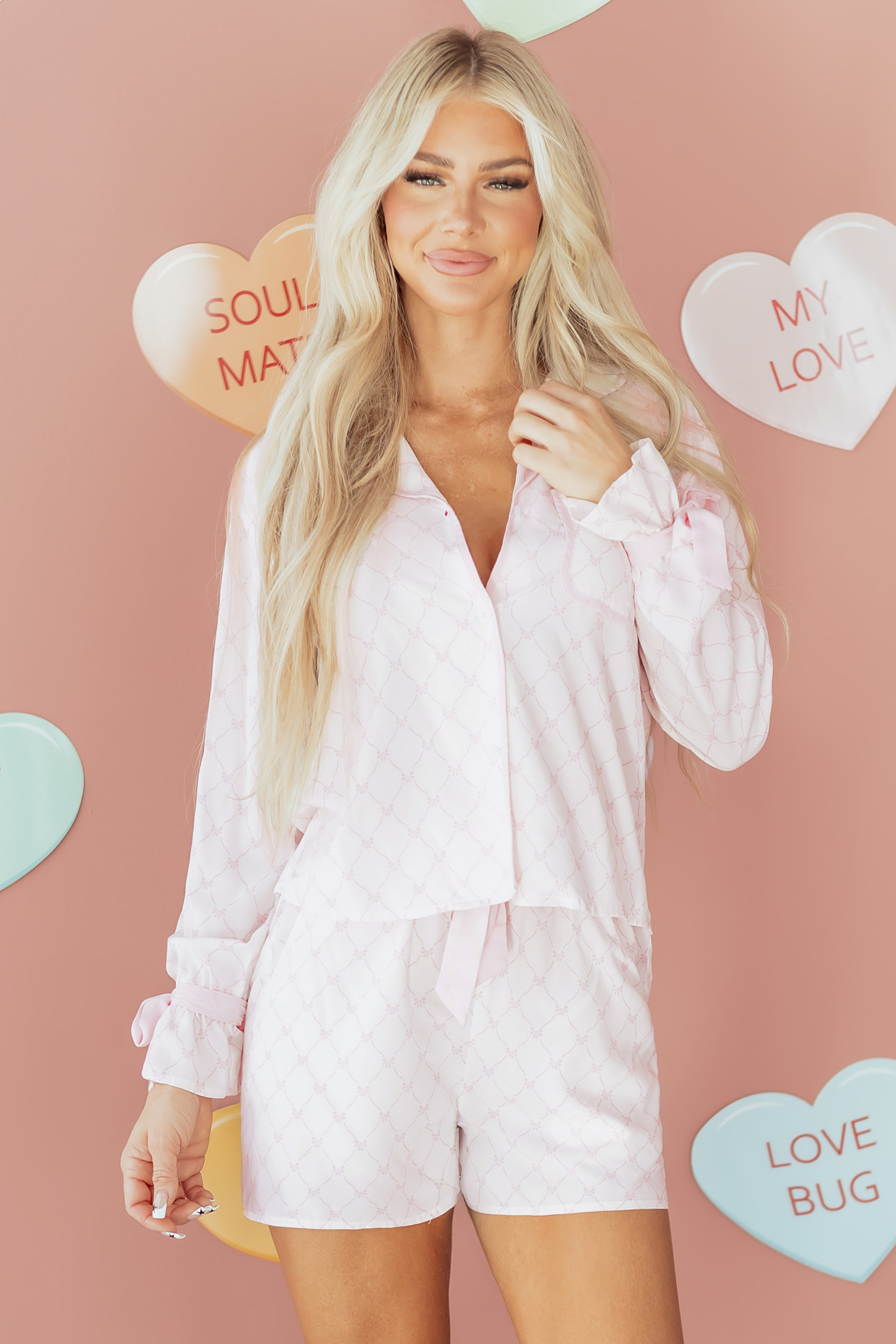 Pink Bow Lattice Print Bow Ties 2pcs Pajama Set - loveforevers