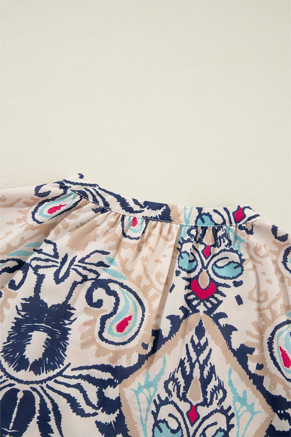 White Abstract Printed Notched V Neck Split Half Sleeve Blouse - loveforevers