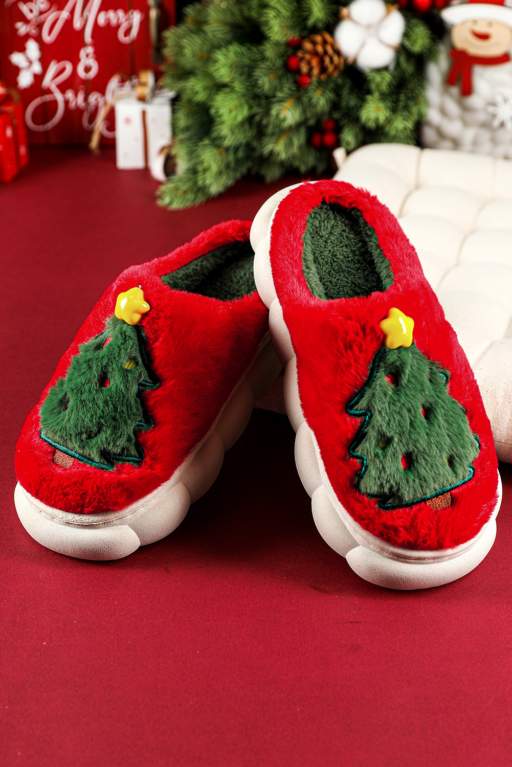 Fiery Red Christmas Tree Graphic Thick Sole Plush Slippers - loveforevers
