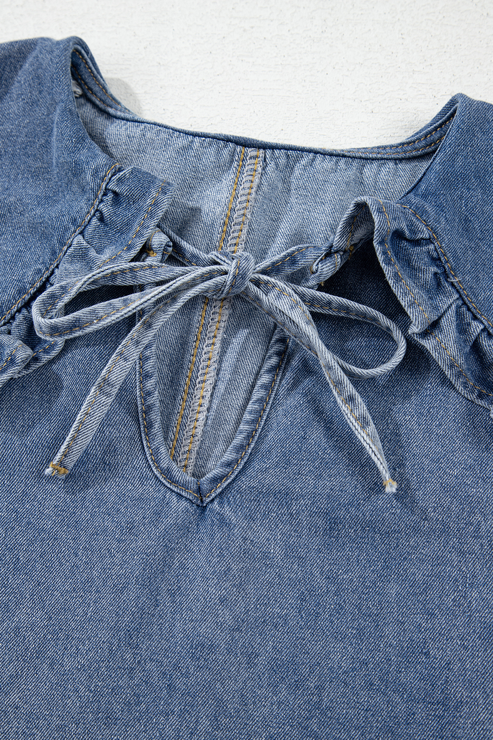 Dusk Blue Ruffled Collared Side Pockets Puff Sleeve Denim Mini Dress - loveforevers