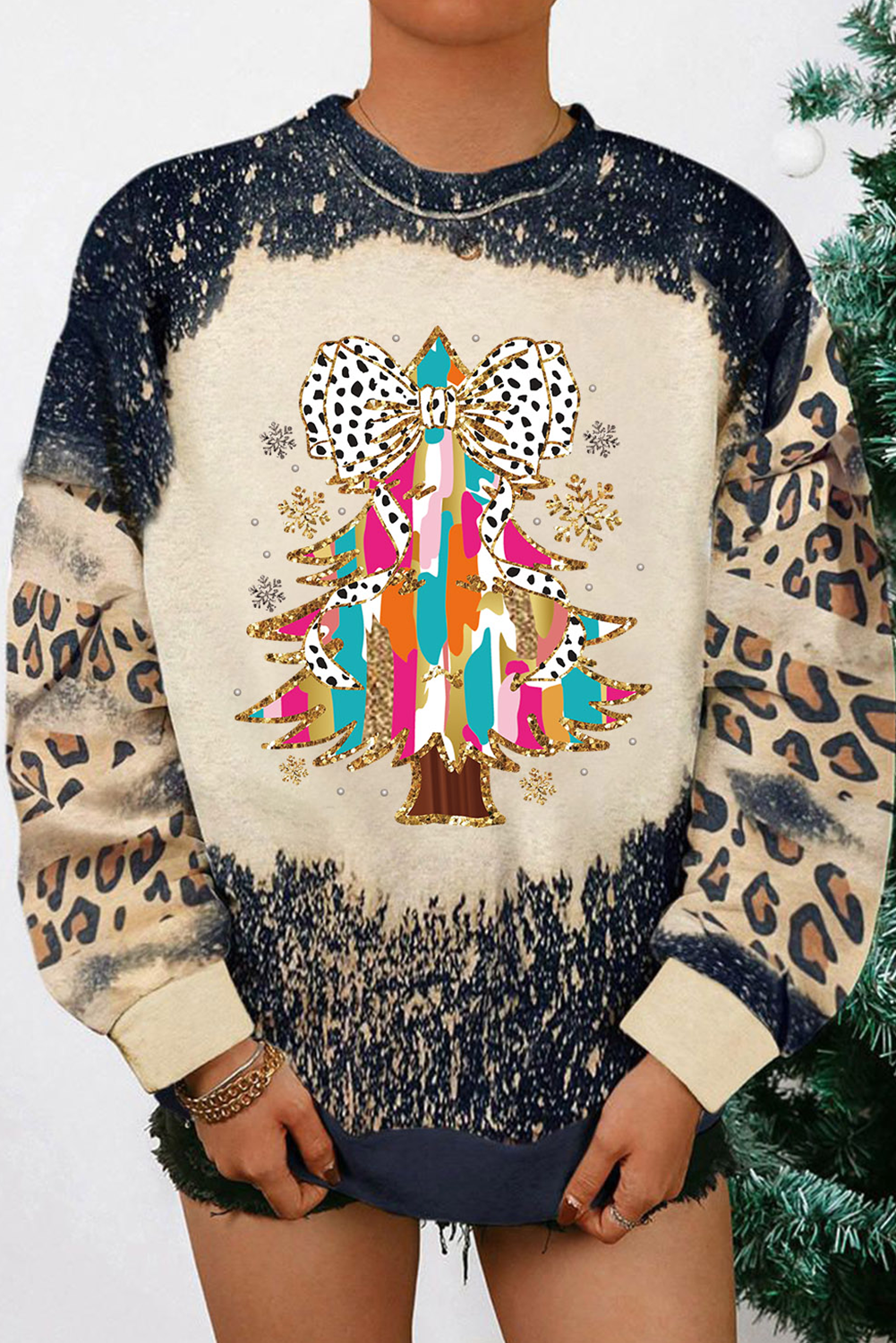 Black Christmas Tree Graphic Bleached Leopard Tie Dye Sweatshirt - loveforevers