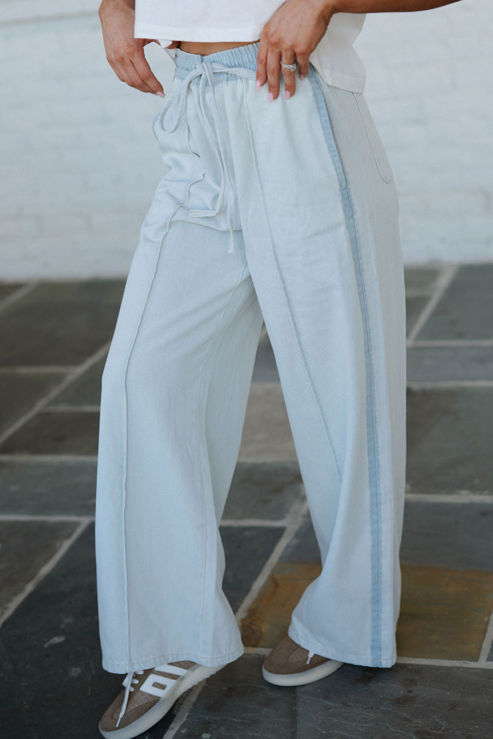 Beau Blue Light Wash Contrast Trim Center Seam Drawstring Elastic Waistband Wide Leg Denim Pants - loveforevers