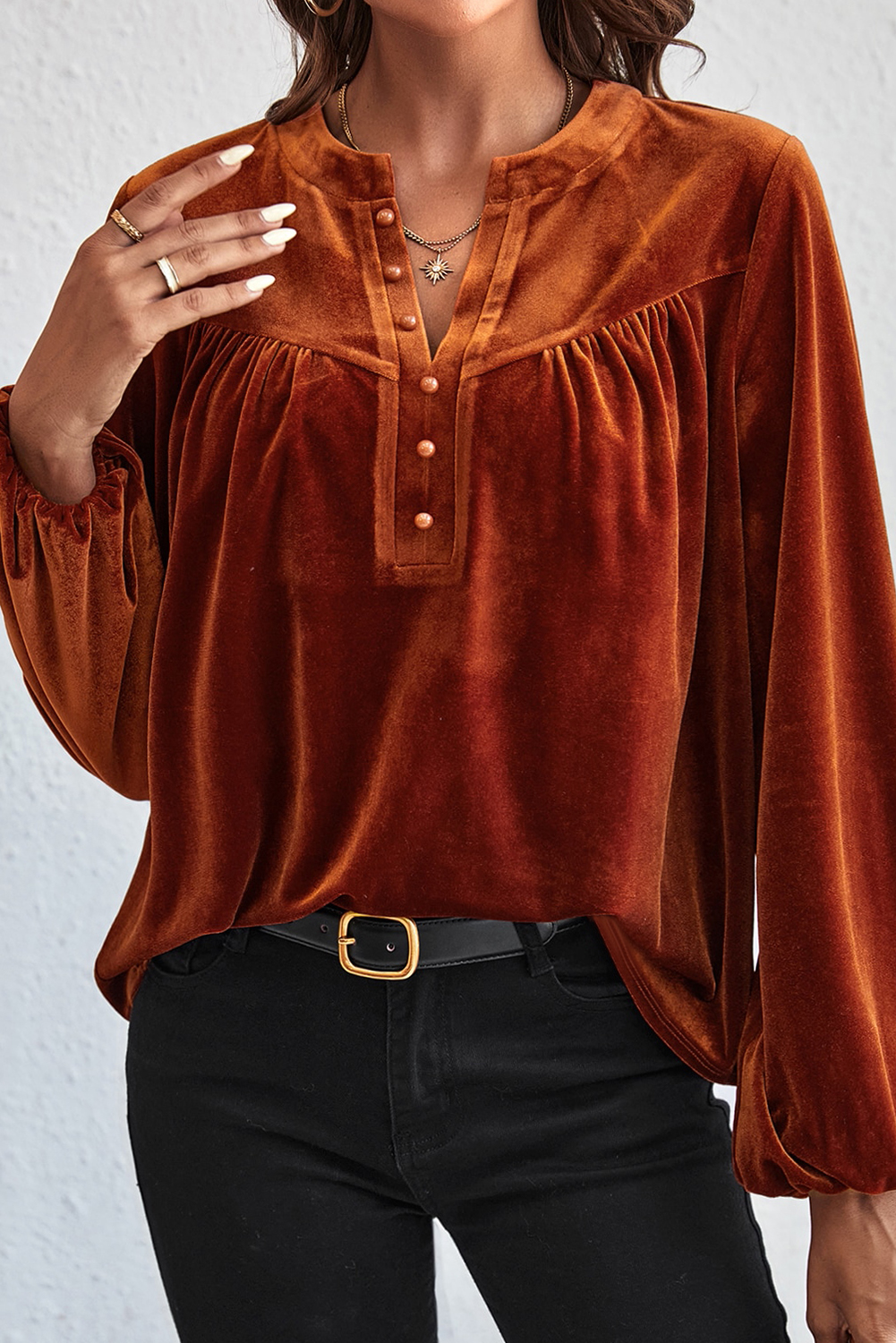 Gold Flame Lantern Sleeve Beaded Split V Neck Velvet Top - loveforevers