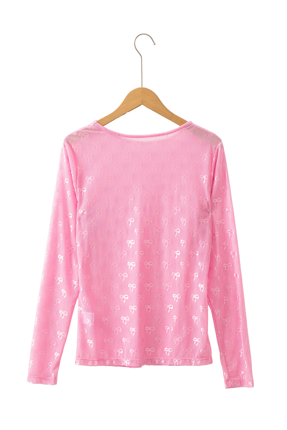 Pink Round Neck Bow Print Long Sleeve Mesh Top - loveforevers