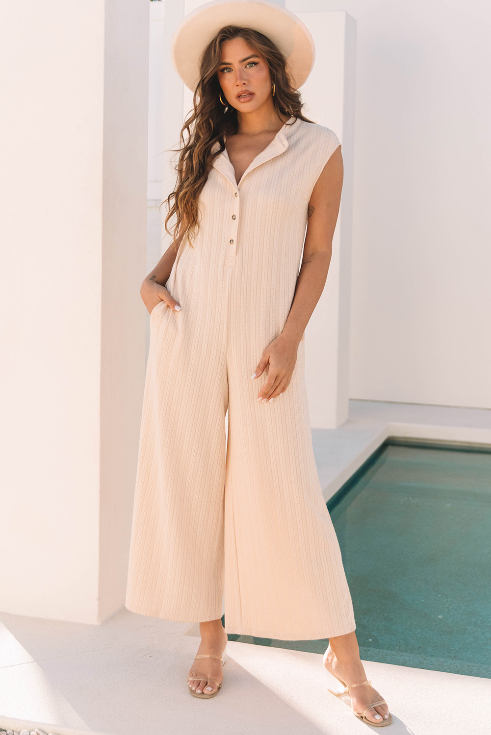 Smoke Gray Textured Buttoned Wide Leg Sleeveless Jumpsuit - loveforevers
