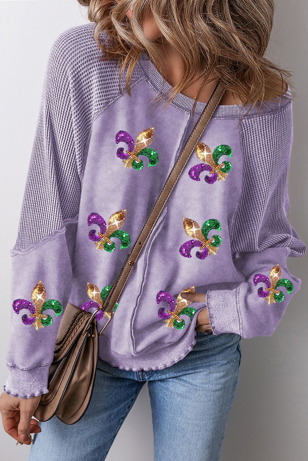 Orchid Petal Mardi Gras Patched Pattern Waffle Patchwork Sweatshirt - loveforevers