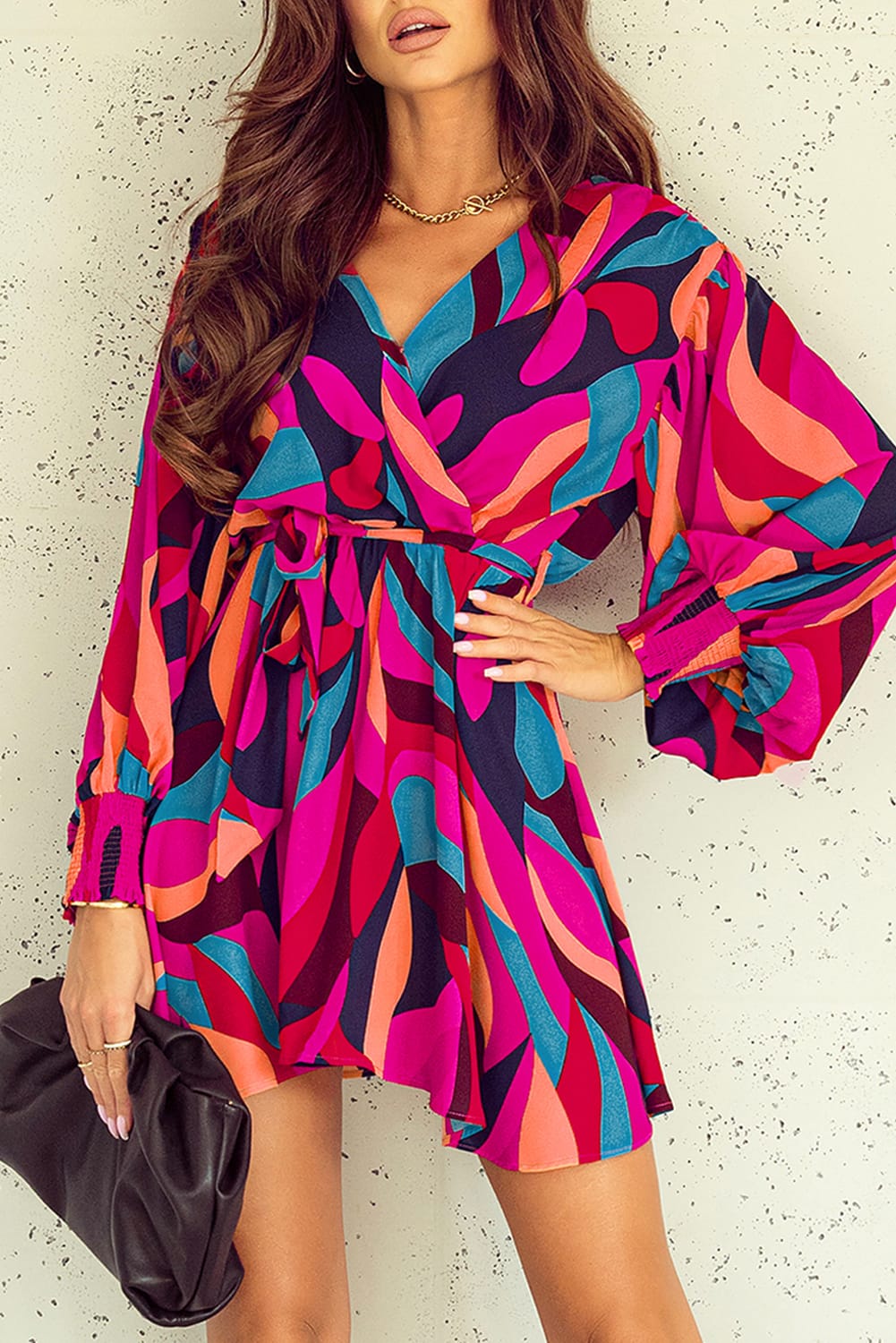 Fiery Red Abstract Printed Belted Puff Sleeve Mini Dress - loveforevers