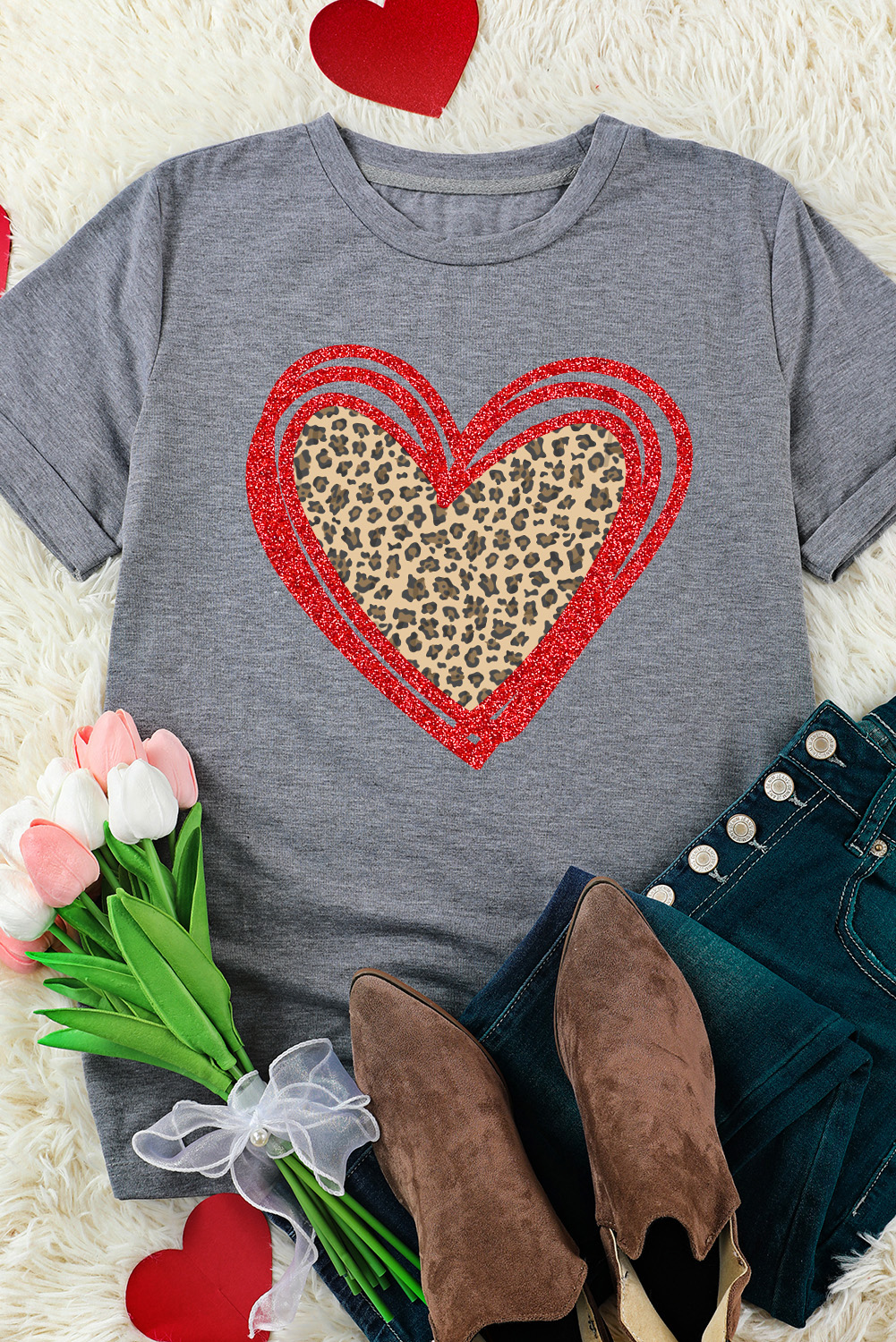 Gray Sequin Leopard Heart Graphic T-shirt - loveforevers